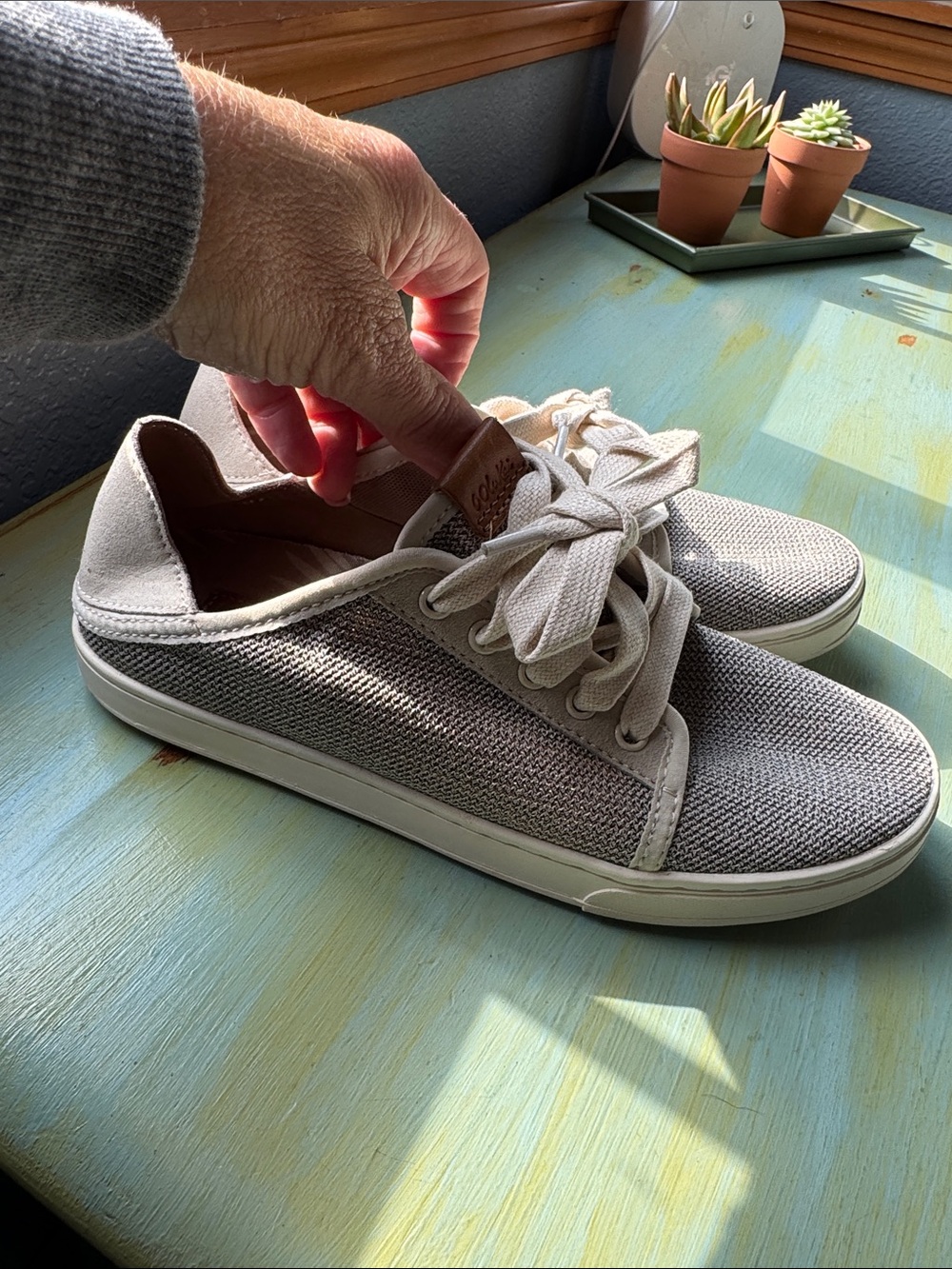 OluKai Cream Canvas Sneakers with Tan Leather Tab